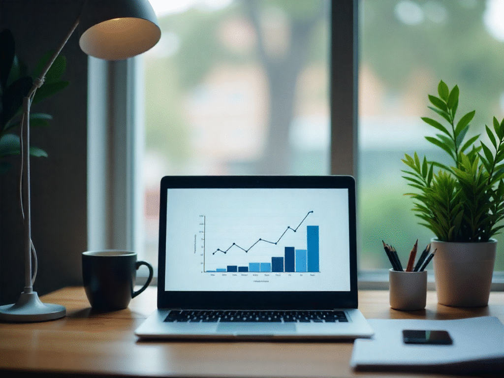 Ambiente de trabalho organizado com notebook exibindo gráfico de crescimento financeiro sobre uma mesa de madeira, ao lado de uma xícara de café, caderno e planta decorativa. A imagem representa produtividade, planejamento financeiro e análise de resultados empresariais em um escritório moderno e iluminado.