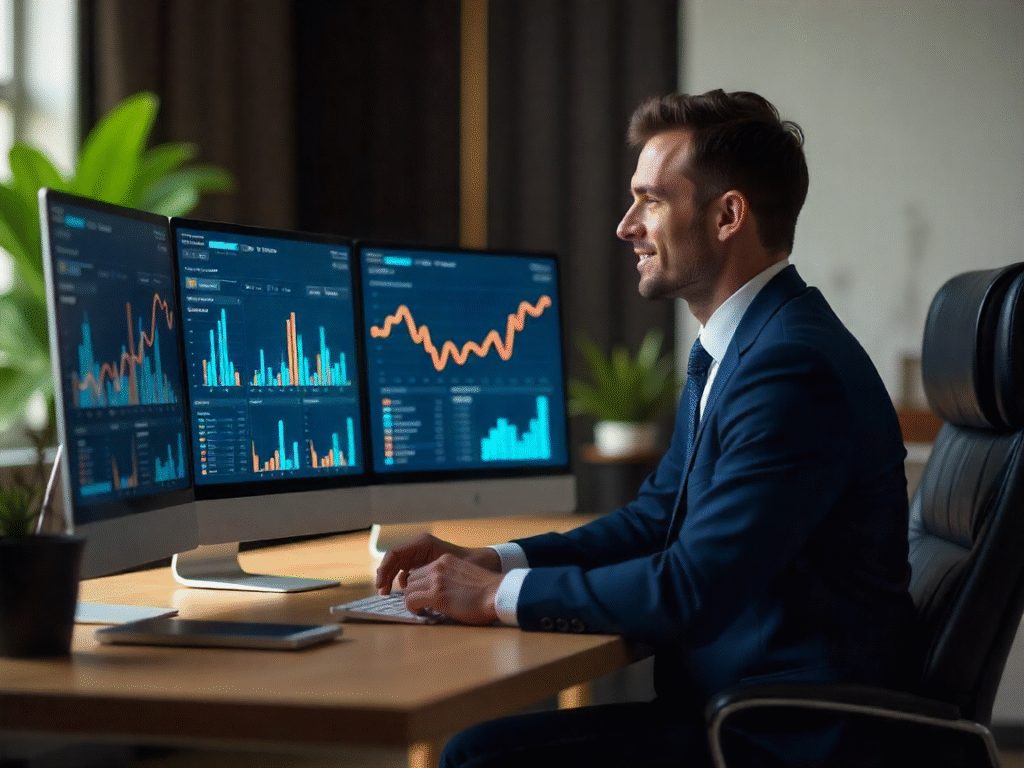 Homem vestido com blazer e gravada trabalhando em um ambiente de trabalho organizado com três telas de computador mostrando gráfico de crescimento financeiro sobre uma mesa de madeira. A imagem representa produtividade, planejamento financeiro e análise de resultados empresariais em um escritório moderno e iluminado.