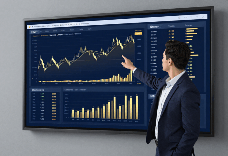 Gestor analisando gráficos de crescimento e produtividade em um software de gestão financeira integrado