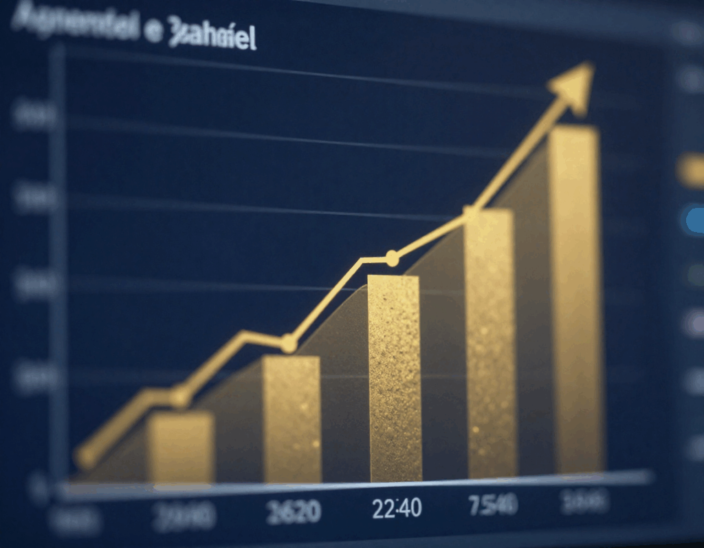 Imagem conceitual com fundo em azul-marinho, apresentando um gráfico financeiro elegante e estável, com linhas ascendentes que demonstram crescimento consistente. Pontos estratégicos destacados em dourado reforçam a ideia de equilíbrio, solidez e visão de longo prazo. A composição transmite organização, previsibilidade e maturidade na gestão — elementos essenciais para a construção de um negócio sustentável.
