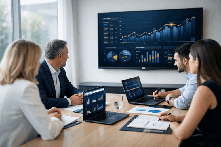 Imagem fotográfica de um ambiente corporativo moderno, com profissionais reunidos em torno de uma mesa analisando dados financeiros em laptops e relatórios impressos. Ao fundo, uma tela exibe gráficos e indicadores, reforçando o foco em controle e análise. A cena transmite organização, colaboração e tomada de decisão baseada em dados — elementos essenciais para uma gestão financeira estruturada e orientada ao crescimento.