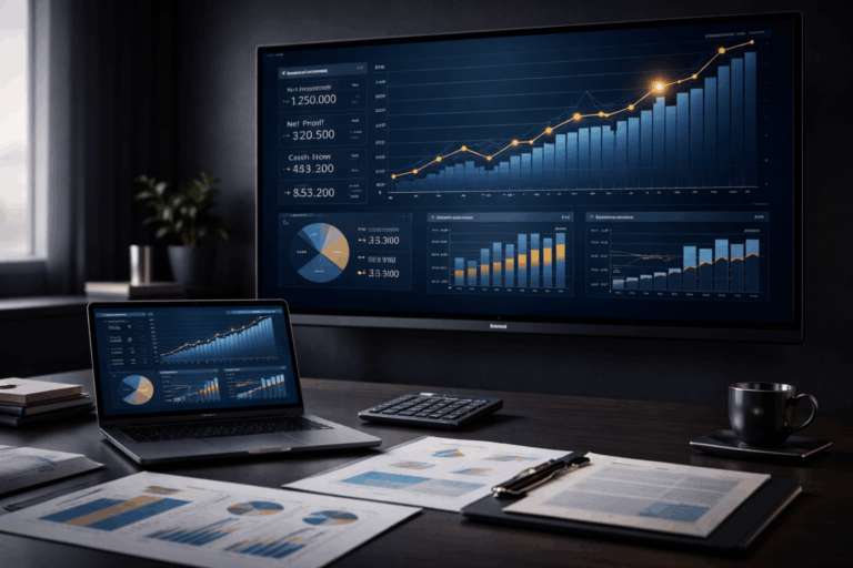 Dashboard financeiro em tons de azul-marinho com detalhes em dourado exibindo gráficos de crescimento e indicadores de performance, representando o impacto do BPO financeiro na gestão e no crescimento empresarial.