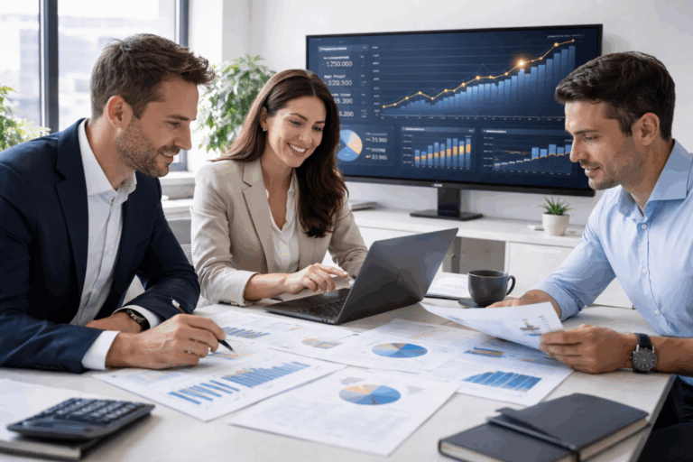 Profissionais em escritório moderno e iluminado analisando relatórios financeiros e gráficos em notebooks e tela ao fundo, representando organização financeira, controle e tomada de decisão estratégica.