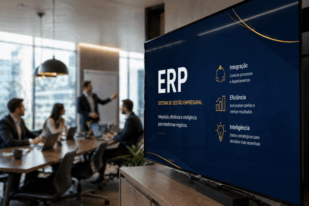 Tela em primeiro plano exibindo apresentação de ERP em tons de azul-marinho com detalhes em dourado, enquanto equipe desfocada acompanha reunião em escritório moderno e iluminado, representando organização, metodologia e gestão empresarial orientada por dados.
