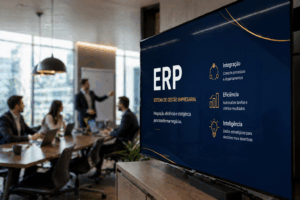 Tela em primeiro plano exibindo apresentação de ERP em tons de azul-marinho com detalhes em dourado, enquanto equipe desfocada acompanha reunião em escritório moderno e iluminado, representando organização, metodologia e gestão empresarial orientada por dados.