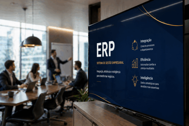 Tela em primeiro plano exibindo apresentação de ERP em tons de azul-marinho com detalhes em dourado, enquanto equipe desfocada acompanha reunião em escritório moderno e iluminado, representando organização, metodologia e gestão empresarial orientada por dados.
