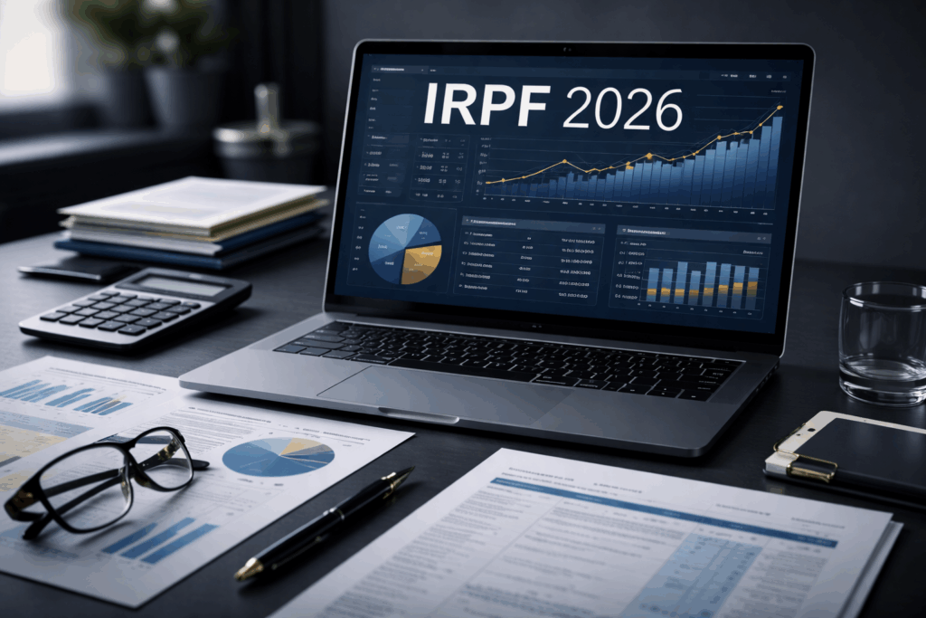 Imagem fotográfica de um ambiente de trabalho organizado, com laptop exibindo um dashboard financeiro detalhado, incluindo gráficos e indicadores em tons de azul, com destaque para a evolução de dados ao longo do tempo. Ao redor, documentos, calculadora e itens de apoio reforçam o contexto de análise tributária e planejamento. A composição transmite precisão, controle e preparo — elementos essenciais para lidar com o Imposto de Renda de forma estratégica e segura.