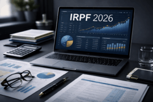 Imagem fotográfica de um ambiente de trabalho organizado, com laptop exibindo um dashboard financeiro detalhado, incluindo gráficos e indicadores em tons de azul, com destaque para a evolução de dados ao longo do tempo. Ao redor, documentos, calculadora e itens de apoio reforçam o contexto de análise tributária e planejamento. A composição transmite precisão, controle e preparo — elementos essenciais para lidar com o Imposto de Renda de forma estratégica e segura.