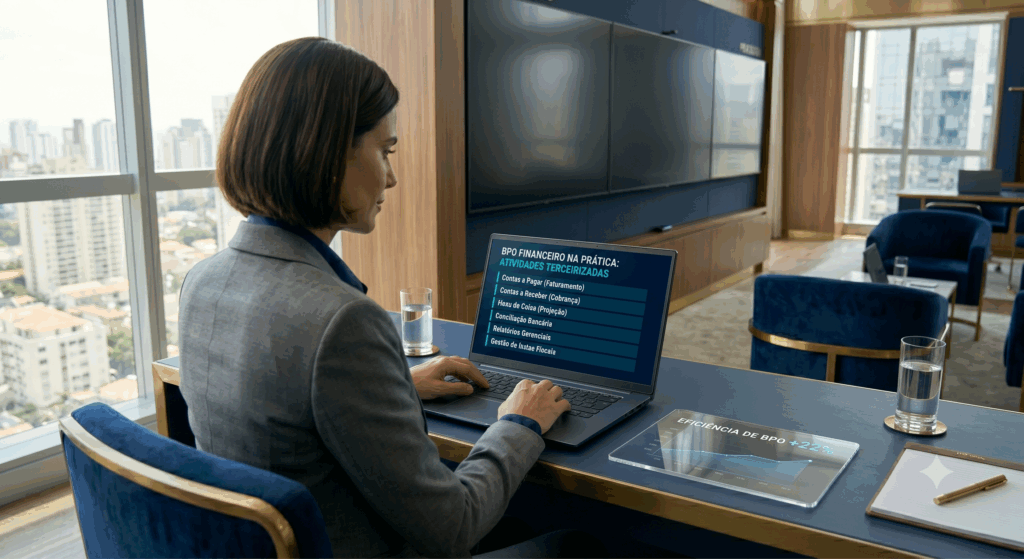 Uma mulher executiva de terno cinza sentada de costas e perfil em uma mesa de escritório moderno de andar alto, digitando em um laptop. A tela do laptop exibe uma lista de atividades de BPO Financeiro para terceirização. Um tablet de vidro transparente ao lado mostra um gráfico e 'Eficiência de BPO +22%'. Grandes janelas revelam uma densa paisagem urbana.