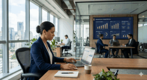 Profissionais analisando documentos financeiros e dashboards digitais em escritório moderno, representando o impacto dos processos financeiros manuais na produtividade empresarial.