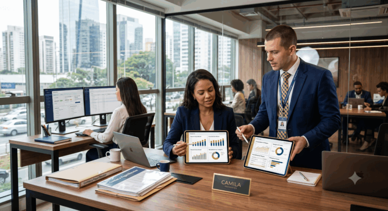 Uma presidente e um consultor de BPO colaboram em dados financeiros usando tablets dourados em um escritório corporativo moderno com janelas panorâmicas que dão para a cidade de São Paulo, State of São Paulo, Brazil. Na mesa de madeira, há pilhas de pastas rotuladas, um notebook e uma placa com o nome "CAMILA PRESIDENTE". No canto inferior esquerdo, há uma área de estar de lounge. Ao fundo, desfocado, outras pessoas trabalham em suas estações.
