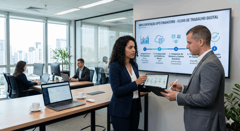 "Duas pessoas, uma mulher de blazer azul e um homem de terno cinza, em pé e discutindo informações em tablets conectados em um escritório corporativo moderno. Ao fundo, uma TV exibe uma apresentação com o título 'IMPLEMENTAÇÃO BPO FINANCEIRO - FLUXO DE TRABALHO DIGITAL'.