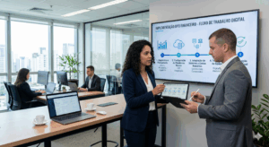 "Duas pessoas, uma mulher de blazer azul e um homem de terno cinza, em pé e discutindo informações em tablets conectados em um escritório corporativo moderno. Ao fundo, uma TV exibe uma apresentação com o título 'IMPLEMENTAÇÃO BPO FINANCEIRO - FLUXO DE TRABALHO DIGITAL'.