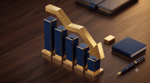 Um gráfico de barras 3D com design sofisticado em azul-marinho e dourado sobre uma mesa de madeira escura, mostrando uma tendência de queda com uma grande seta dourada apontando para baixo. Ao lado do gráfico, estão um caderno de couro azul-marinho e uma caneta-tinteiro elegante.