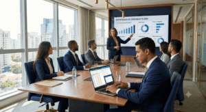 Uma executiva em pé aponta para uma grande tela de apresentação com o título "ESTRATÉGIAS DE CRESCIMENTO 2026" em uma sala de diretoria moderna. Seis colegas sentados ao redor de uma mesa de conferência ouvem e trabalham em laptops. Janelas panorâmicas do chão ao teto mostram um horizonte urbano denso.