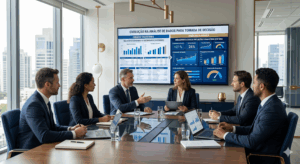 Profissionais analisando apresentação que compara contabilidade tradicional e contabilidade consultiva em escritório moderno, destacando indicadores estratégicos e apoio ao crescimento empresarial.
