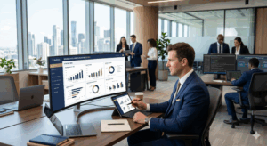 Profissionais analisando indicadores estratégicos em escritório moderno, representando a transformação de processos operacionais em inteligência de negócio por meio do BPO Financeiro.