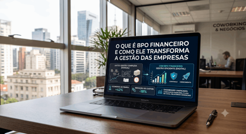 Um laptop aberto sobre uma mesa de madeira em um escritório moderno exibe na tela um infográfico detalhado com o título "O que é BPO Financeiro e como ele transforma a gestão das empresas". A tela compara a gestão manual antiga com a gestão eficiente digital do BPO, destacando dados como '+42% de economia de tempo' e '-18% de redução de custos'. Ao fundo, grandes janelas mostram uma vista urbana desfocada.