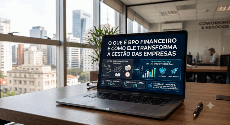 Um laptop aberto sobre uma mesa de madeira em um escritório moderno exibe na tela um infográfico detalhado com o título "O que é BPO Financeiro e como ele transforma a gestão das empresas". A tela compara a gestão manual antiga com a gestão eficiente digital do BPO, destacando dados como '+42% de economia de tempo' e '-18% de redução de custos'. Ao fundo, grandes janelas mostram uma vista urbana desfocada.