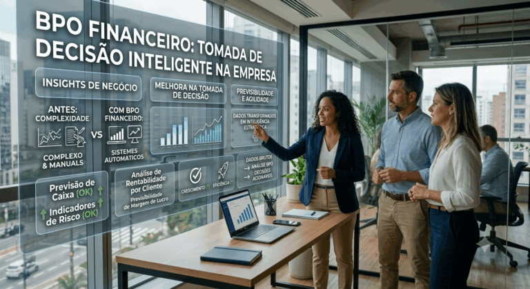 Uma consultora de BPO Financeiro explica para dois clientes um painel transparente com o título "BPO FINANCEIRO: TOMADA DE DECISÃO INTELIGENTE NA EMPRESA" em um escritório moderno com vista para São Paulo. O painel detalha benefícios como insights de negócios, previsibilidade, dados transformados em inteligência estratégica, previsão de caixa, indicadores de risco e gráficos de melhoria na tomada de decisão. Os clientes ouvem atentamente ao lado de uma mesa com notebooks e uma planta.