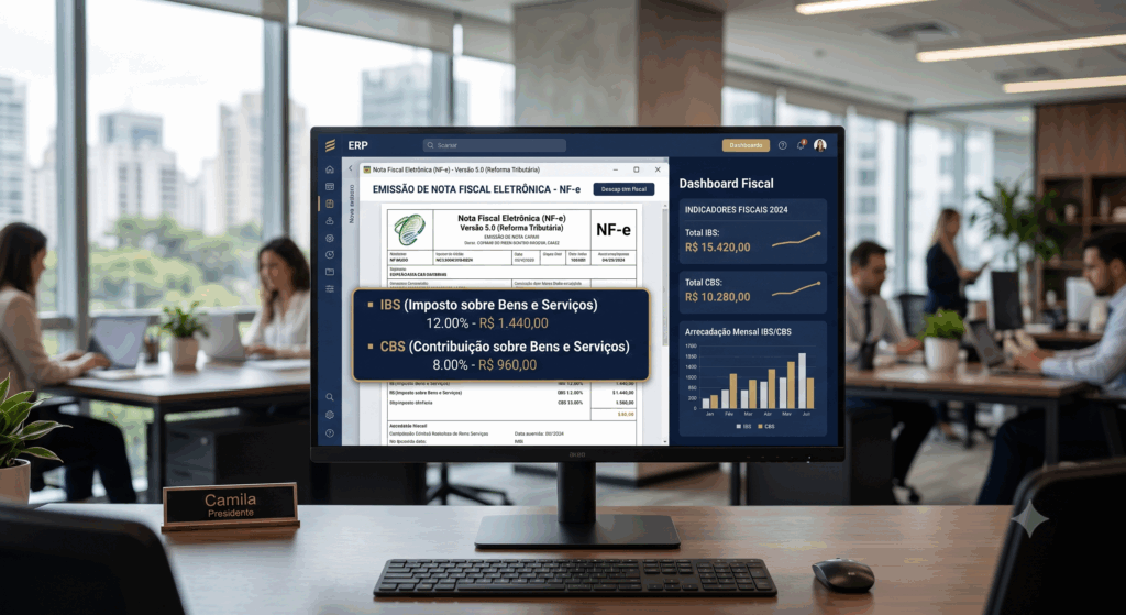 Monitor de computador em um escritório moderno exibe uma nota fiscal eletrônica em um software ERP com paleta azul-marinho e dourada. Uma caixa de destaque sobreposta detalha as taxas IBS e CBS. O monitor está sobre uma mesa de madeira com uma placa de nome "Camila Presidente". Fundo desfocado com pessoas trabalhando e vista da cidade de São Paulo.
