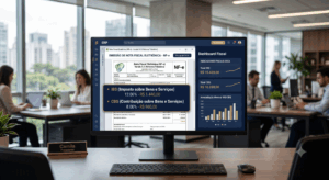 Monitor de computador em um escritório moderno exibe uma nota fiscal eletrônica em um software ERP com paleta azul-marinho e dourada. Uma caixa de destaque sobreposta detalha as taxas IBS e CBS. O monitor está sobre uma mesa de madeira com uma placa de nome "Camila Presidente". Fundo desfocado com pessoas trabalhando e vista da cidade de São Paulo.