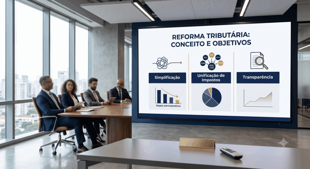 Fotografia fotorrealista de um escritório corporativo moderno e sofisticado em São Paulo. Um grande telão de LED de alta definição exibe um slide executivo intitulado 'REFORMA TRIBUTÁRIA: CONCEITO E OBJETIVOS'. O slide apresenta três colunas claras com ícones minimalistas e gráficos limpos: 'Simplificação', 'Unificação de Impostos' e 'Transparência'. Um grupo de executivos, desfocados ao fundo, está sentado a uma mesa de conferência. Grandes janelas panorâmicas mostram a vista desfocada da cidade de São Paulo.