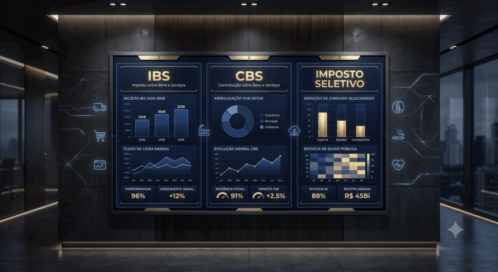Um painel digital futurista montado em uma parede de escritório moderno com vista para a cidade de São Paulo, State of São Paulo, Brazil. O painel está dividido em três seções: "IBS (Imposto sobre Bens e Serviços)", "CBS (Contribuição sobre Bens e Serviços)" e "Imposto Seletivo", exibindo vários gráficos de barras, gráficos de linha, gráficos de rosca e métricas chave em azul marinho e dourado
