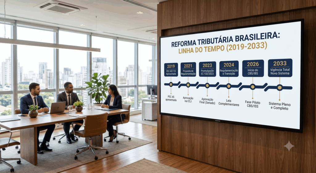 Um grande telão em uma sala de reuniões corporativa exibe um slide sobre a "Reforma Tributária Brasileira: Linha do Tempo (2019-2033)". O gráfico em azul-marinho e dourado destaca anos estratégicos da transição fiscal, enquanto executivos aparecem ao fundo em uma mesa de conferência.