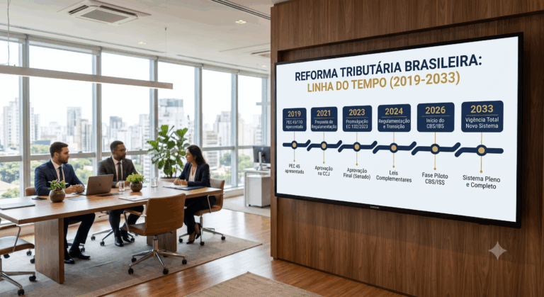 Um grande telão em uma sala de reuniões corporativa exibe um slide sobre a "Reforma Tributária Brasileira: Linha do Tempo (2019-2033)". O gráfico em azul-marinho e dourado destaca anos estratégicos da transição fiscal, enquanto executivos aparecem ao fundo em uma mesa de conferência.