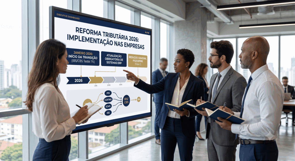 Quatro profissionais em um escritório corporativo moderno, reunidos em torno de uma grande tela de apresentação que exibe informações sobre a "Reforma Tributária 2026: Implementação nas Empresas". A tela apresenta uma linha do tempo e um infográfico detalhando o cronograma e a transição de impostos para o sistema IBS/CBS. Uma skyline urbana, possivelmente São Paulo, é visível através da janela ao fundo.
