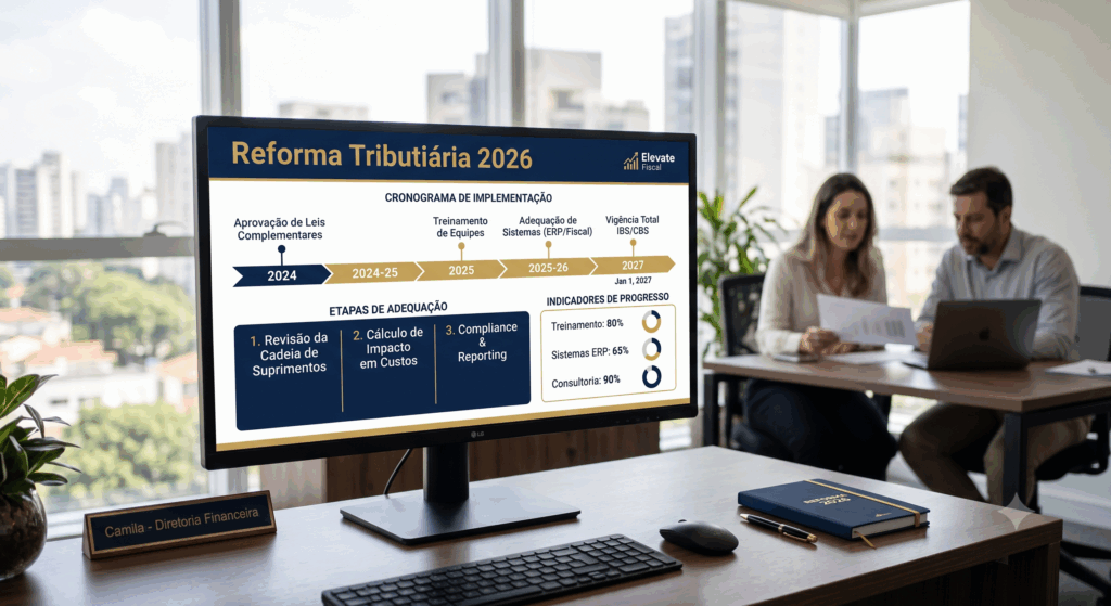 Um grande monitor de computador em um escritório moderno em São Paulo exibe uma apresentação profissional sobre a "Reforma Tributária 2026" com um cronograma detalhado de 2024 a 2027, etapas de adequação e indicadores de progresso corporativos