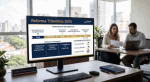 Um grande monitor de computador em um escritório moderno em São Paulo exibe uma apresentação profissional sobre a "Reforma Tributária 2026" com um cronograma detalhado de 2024 a 2027, etapas de adequação e indicadores de progresso corporativos