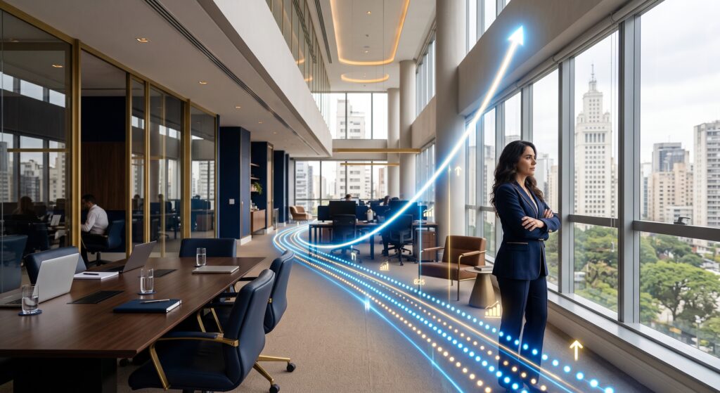 Fotografia conceitual em um escritório corporativo elegante, onde pontos e linhas luminosas em azul e dourado percorrem o ambiente e se transformam em uma seta ascendente brilhante. Ao lado de uma janela panorâmica, uma executiva de terno observa o horizonte da cidade.