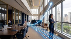 Fotografia conceitual em um escritório corporativo elegante, onde pontos e linhas luminosas em azul e dourado percorrem o ambiente e se transformam em uma seta ascendente brilhante. Ao lado de uma janela panorâmica, uma executiva de terno observa o horizonte da cidade.