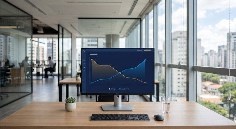 Fotografia minimalista de um monitor de computador em uma mesa de escritório limpa, exibindo um gráfico financeiro com duas linhas cruzadas — uma descendente dourada e uma ascendente azul — sobre fundo azul-escuro, com janelas panorâmicas ao fundo.