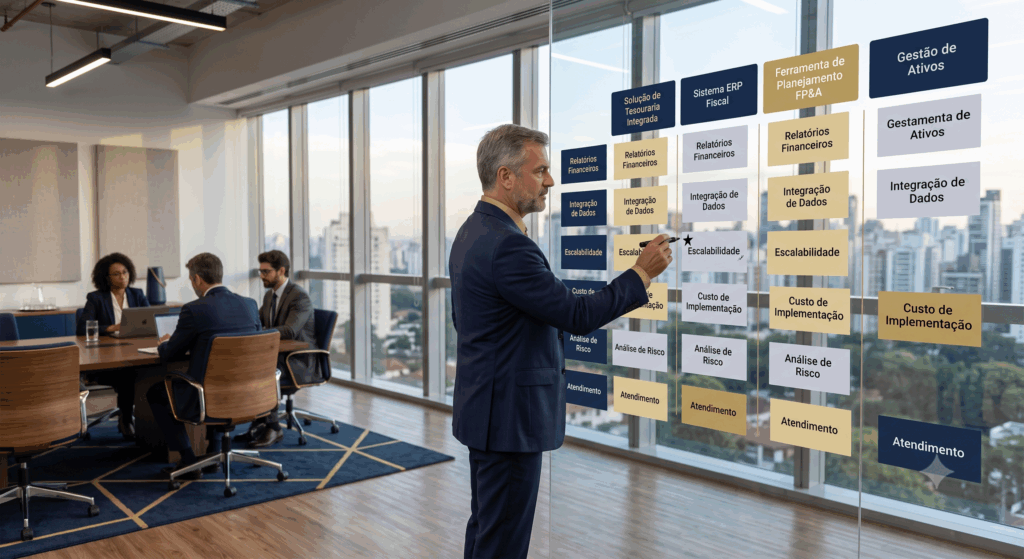 Fotografia de um executivo em pé diante de uma parede de vidro transparente em um escritório moderno, anotando em uma matriz comparativa de soluções financeiras organizada em cartões azul-marinho e dourados. Ao fundo, outros executivos trabalham em uma mesa com vista panorâmica da cidade.