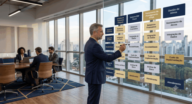 Fotografia de um executivo em pé diante de uma parede de vidro transparente em um escritório moderno, anotando em uma matriz comparativa de soluções financeiras organizada em cartões azul-marinho e dourados. Ao fundo, outros executivos trabalham em uma mesa com vista panorâmica da cidade.