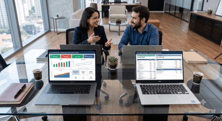 Vista em perspectiva de dois notebooks dispostos sobre uma mesa de vidro em um escritório corporativo: a tela da esquerda exibe um dashboard financeiro com gráficos de desempenho e a da direita mostra um relatório de balanço patrimonial. Ao fundo, dois executivos conversam em um ambiente iluminado.