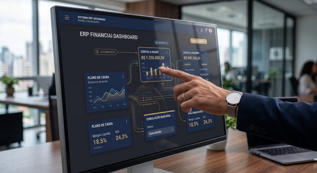 Close de uma mão interagindo com um monitor touchscreen que exibe um dashboard financeiro de sistema ERP, com gráficos de fluxo de caixa, relatórios de contas e indicadores em azul-marinho e dourado, com escritório desfocado ao fundo.