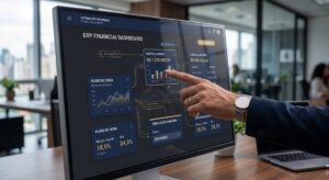 Close de uma mão interagindo com um monitor touchscreen que exibe um dashboard financeiro de sistema ERP, com gráficos de fluxo de caixa, relatórios de contas e indicadores em azul-marinho e dourado, com escritório desfocado ao fundo.
