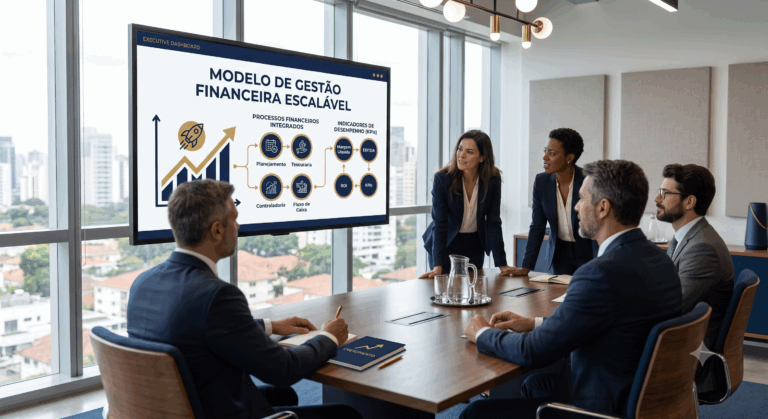 Fotografia de uma reunião executiva em escritório moderno em São Paulo, onde profissionais observam uma tela de alta definição exibindo um slide sobre "Modelo de Gestão Financeira Escalável", acompanhado de gráficos e indicadores em azul e dourado.