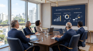 Visão em perspectiva de executivos reunidos em uma sala de reunião sofisticada, observando uma grande tela com a apresentação "Quando é o momento certo?", ilustrada por gráficos de crescimento, organização financeira e maturidade empresarial em tons de azul-marinho e dourado.