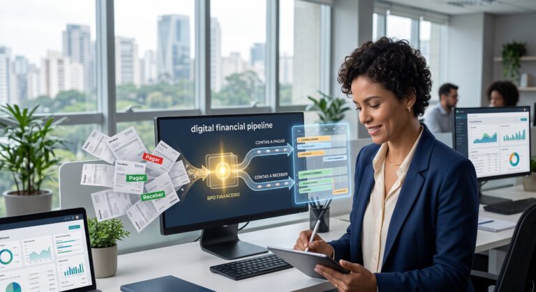 Fotografia de uma especialista financeira utilizando um tablet em uma estação de trabalho moderna, ao lado de um monitor que exibe um infográfico do BPO Financeiro organizando documentos dispersos em dois fluxos digitais: Contas a Pagar e Contas a Receber.