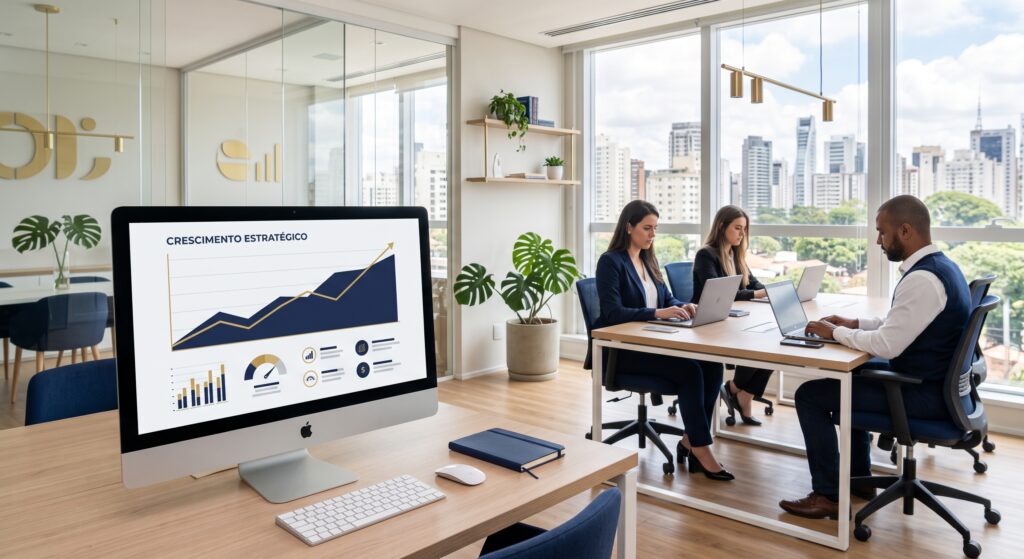 Fotografia de um monitor de computador em primeiro plano exibindo um gráfico com a inscrição 'Crescimento Estratégico'. Ao fundo, três executivos trabalham em laptops em uma mesa compartilhada em um escritório iluminado por janelas panorâmicas.