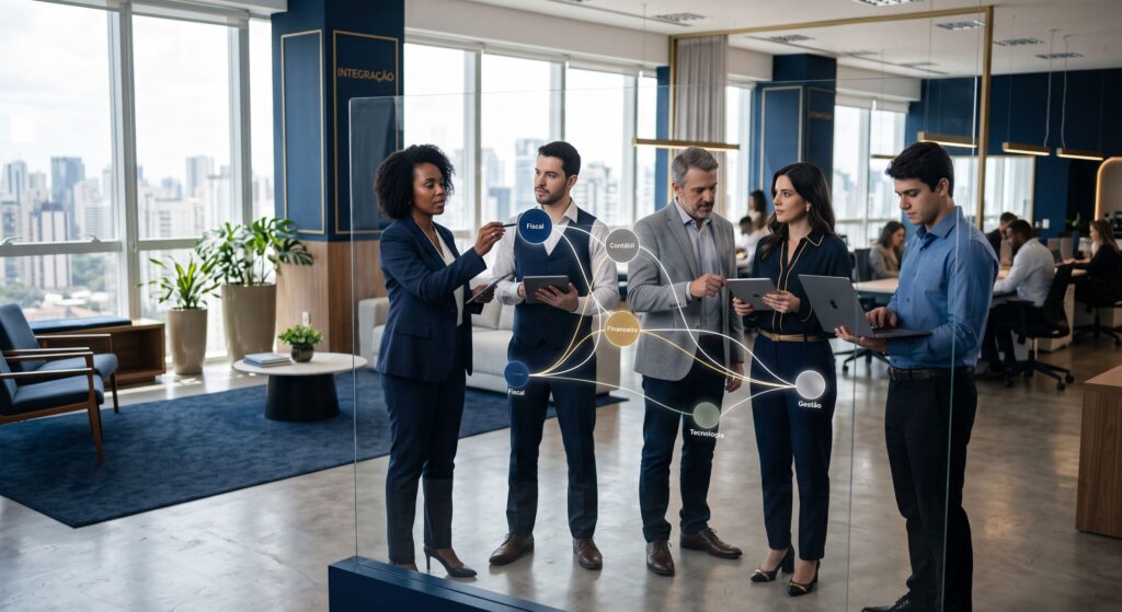 Fotografia de uma equipe executiva multidisciplinar reunida em uma sala de reuniões moderna, analisando conjuntamente um diagrama de processos conectados em um painel transparente de vidro, com vista panorâmica para a cidade ao fundo.
