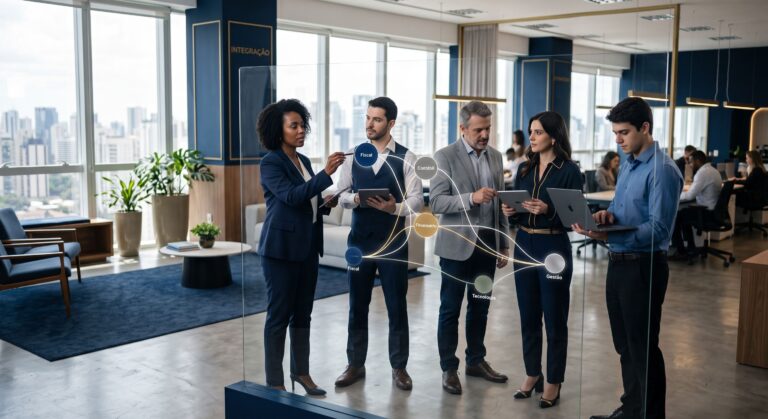 Fotografia de uma equipe executiva multidisciplinar reunida em uma sala de reuniões moderna, analisando conjuntamente um diagrama de processos conectados em um painel transparente de vidro, com vista panorâmica para a cidade ao fundo.