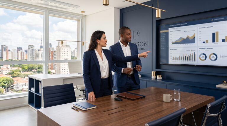 Uma fotografia de interior de escritório moderno com dois profissionais de negócios, um homem e uma mulher, de terno azul-marinho de pé perto de uma grande mesa de conferência de madeira escura. Uma mulher aponta para um monitor de TV grande montado em uma parede azul-marinho que exibe gráficos de dados financeiros e painéis de desempenho. Janelas grandes do chão ao teto com vista panorâmica da cidade estão ao fundo.