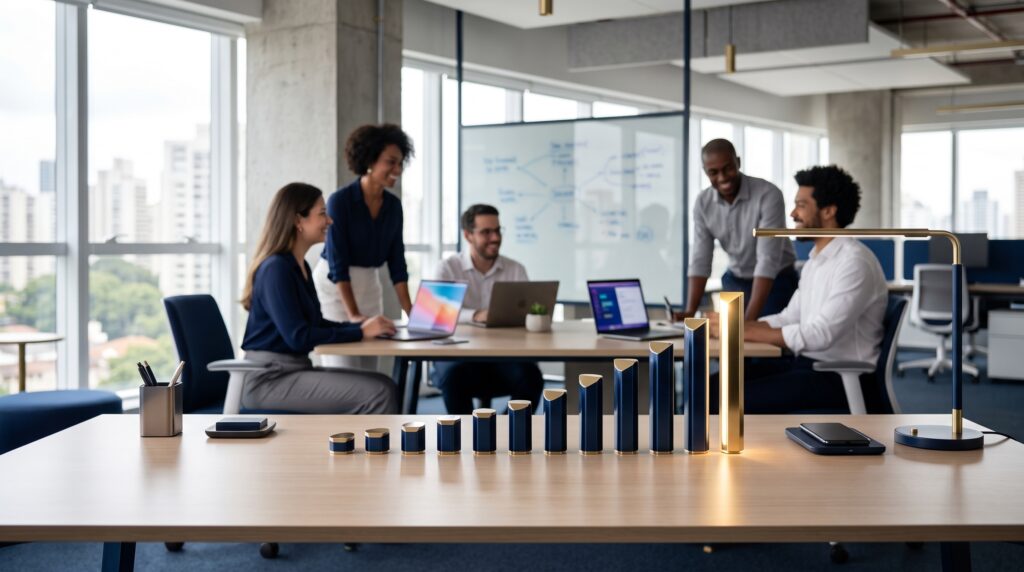 Primeiro plano de uma mesa de escritório de madeira com um gráfico de barras decorativo azul e dourado ascendente e uma luminária de latão. Ao fundo, cinco profissionais diversos se reúnem em torno de uma mesa de conferência com laptops, em frente a grandes janelas que mostram um horizonte urbano arborizado.