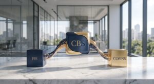 Composição conceitual em uma bancada de mármore com três blocos metálicos: um cubo azul-marinho marcado como PIS e um cubo dourado marcado como Cofins conectam-se por fluxos luminosos a um bloco central híbrido identificado como CBS, em uma sala corporativa iluminada.